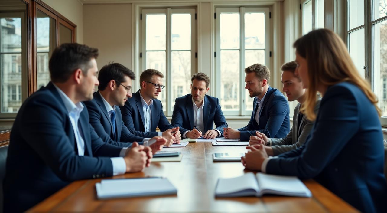 Réunion d'équipe stratégique dans un bureau moderne à Paris